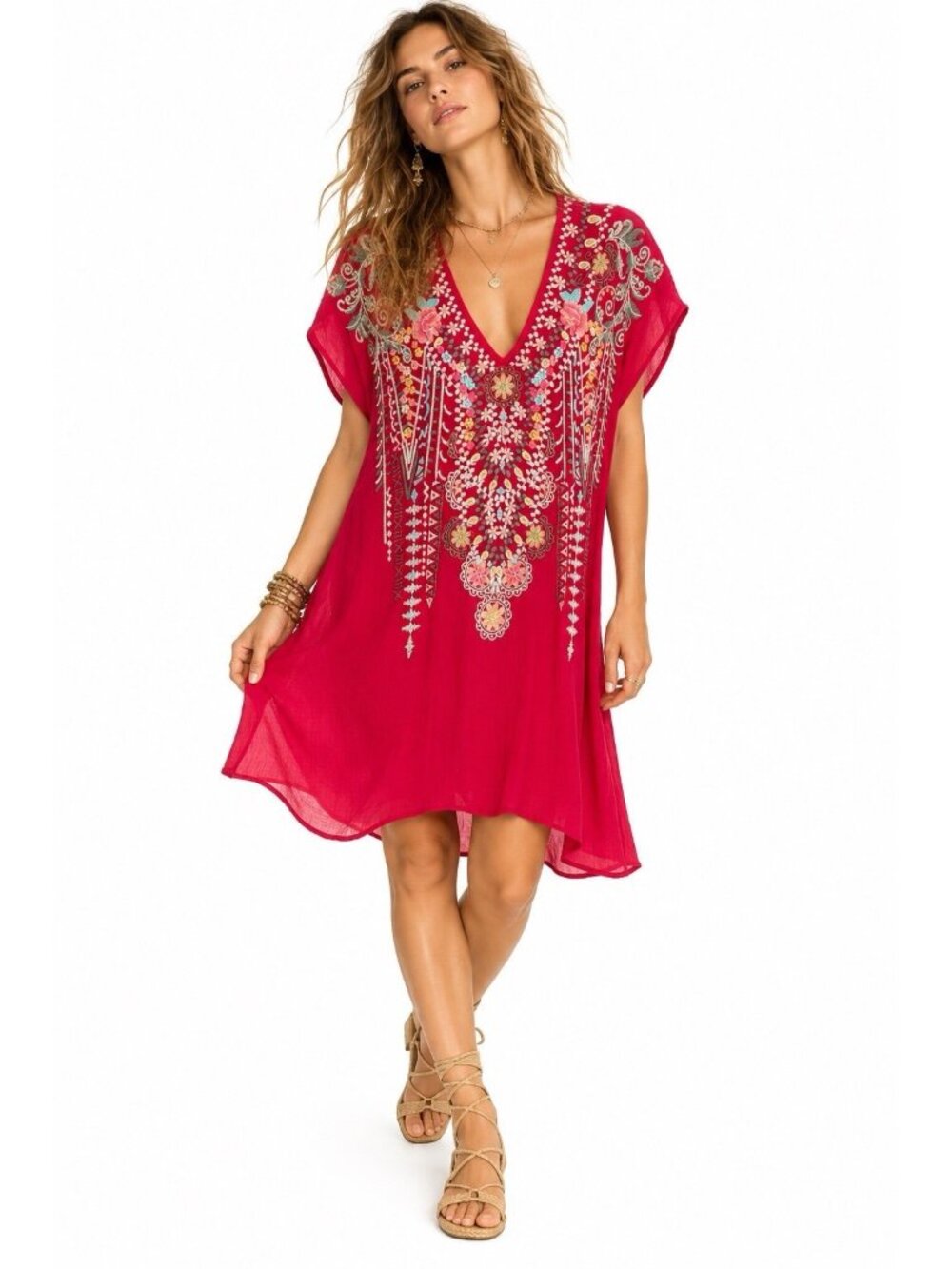 JOHNNY WAS pink tunic dress MEDIUM embroidered v neck boho hippie mini retro